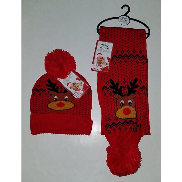 NWT Rudolph the Red Nosed Reindeer Knit Hat Matching Scarf OSFM Great Christmas - Picture 1 of 8